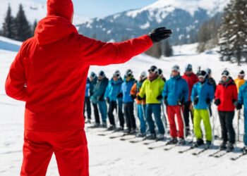 80 ans de l'ESF : Eric Brèche dirige la communauté des skieurs en rouge.