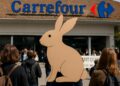 Isère : L214 critique l'élevage avec un grand lapin en carton au Carrefour de Meylan.