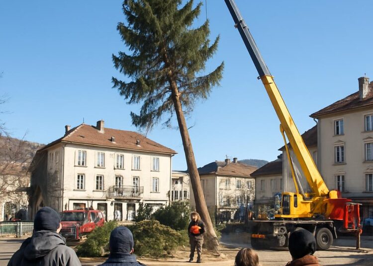 Villard-de-Lans. Abattage du sapin sur la place de l’Ours.