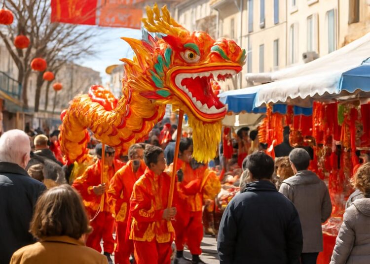 Visuels. Célébration du Nouvel An chinois à Montélimar : danse et marché.