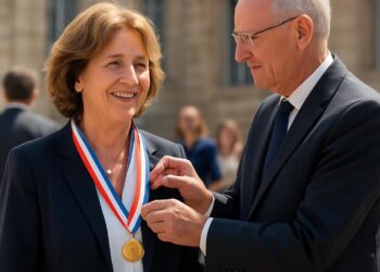 Cécile Helle, maire d'Avignon, honorée par une médaille du Sénat.