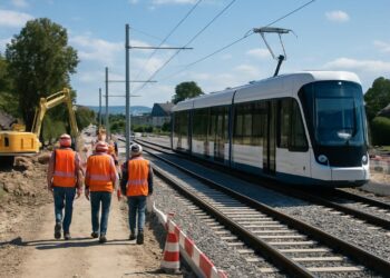 Suisse : Progrès des travaux du tram à Ferney-Voltaire, Genève.