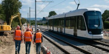 Suisse : Progrès des travaux du tram à Ferney-Voltaire, Genève.